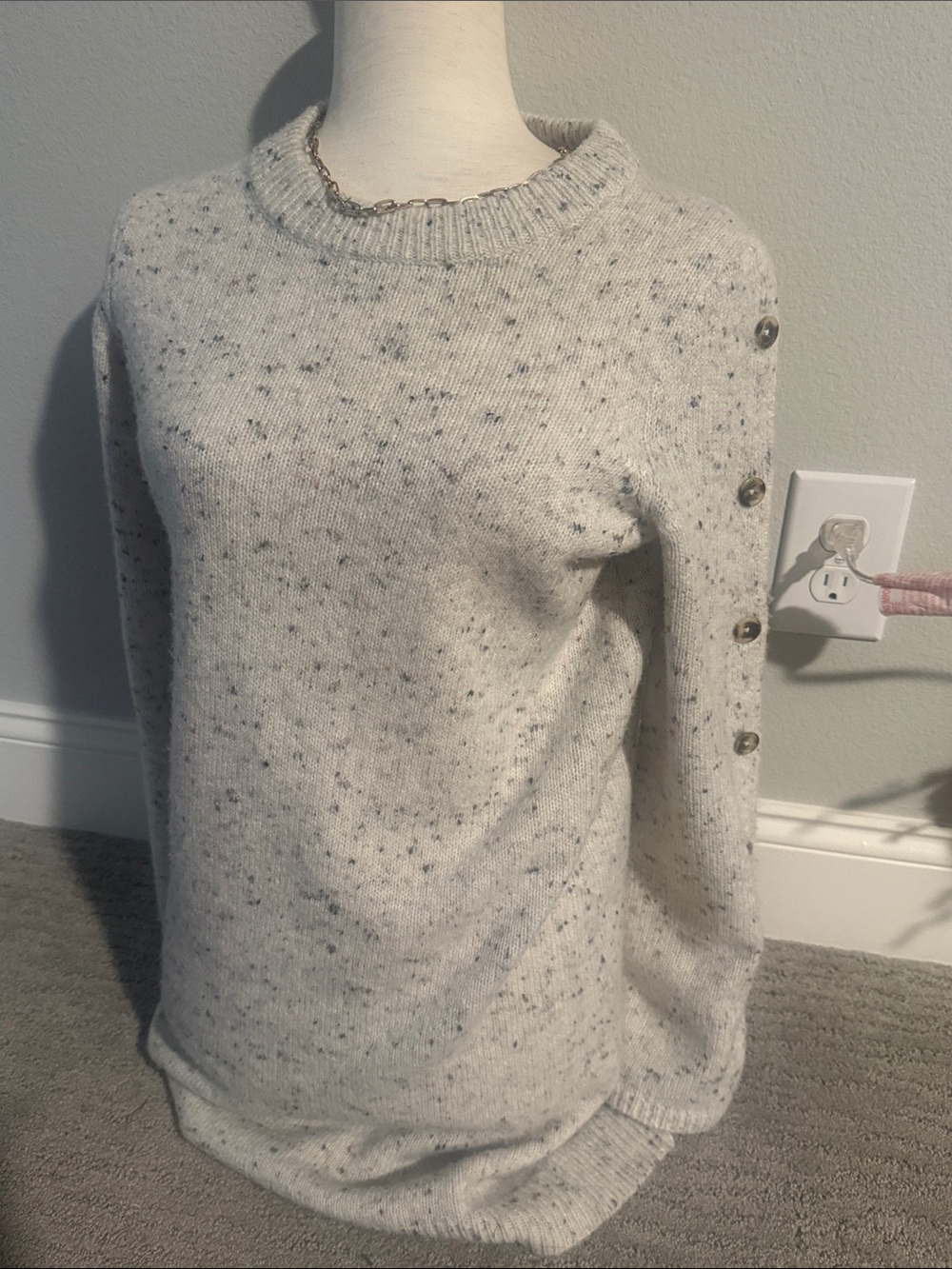 Madewell Speckled Cream Crewneck Sweater with Shoulder Buttons